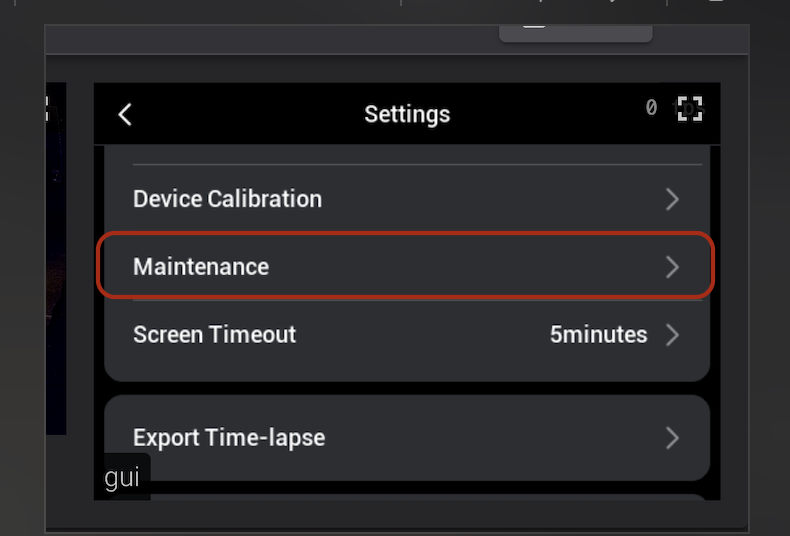 Settings, with Maintenance highlighted
