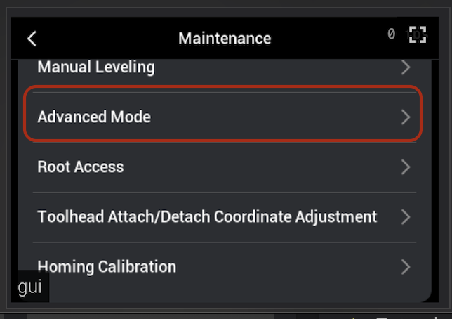 Maintenance, with Advanced Mode highlighted