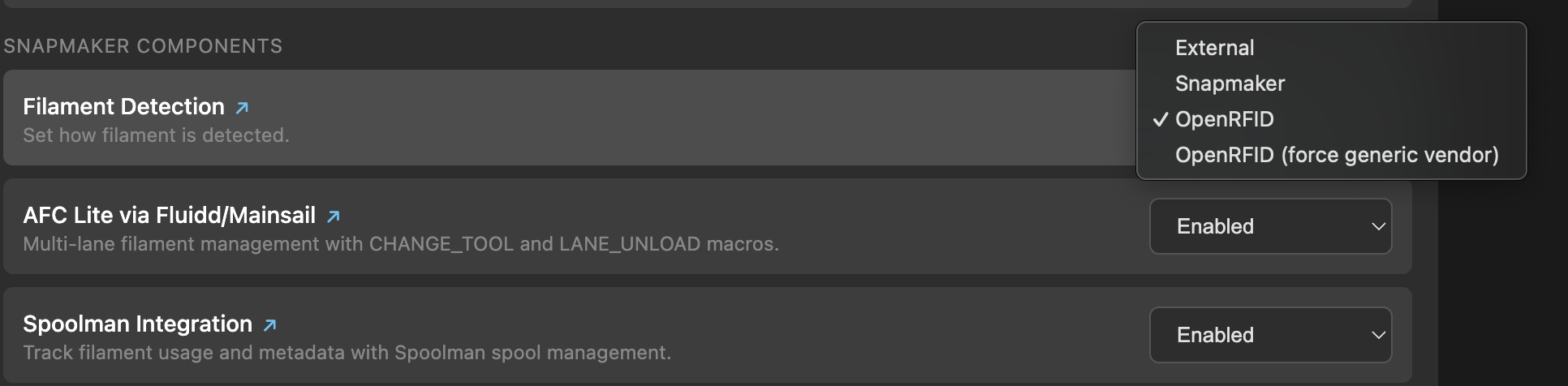 Snapmaker Components settings