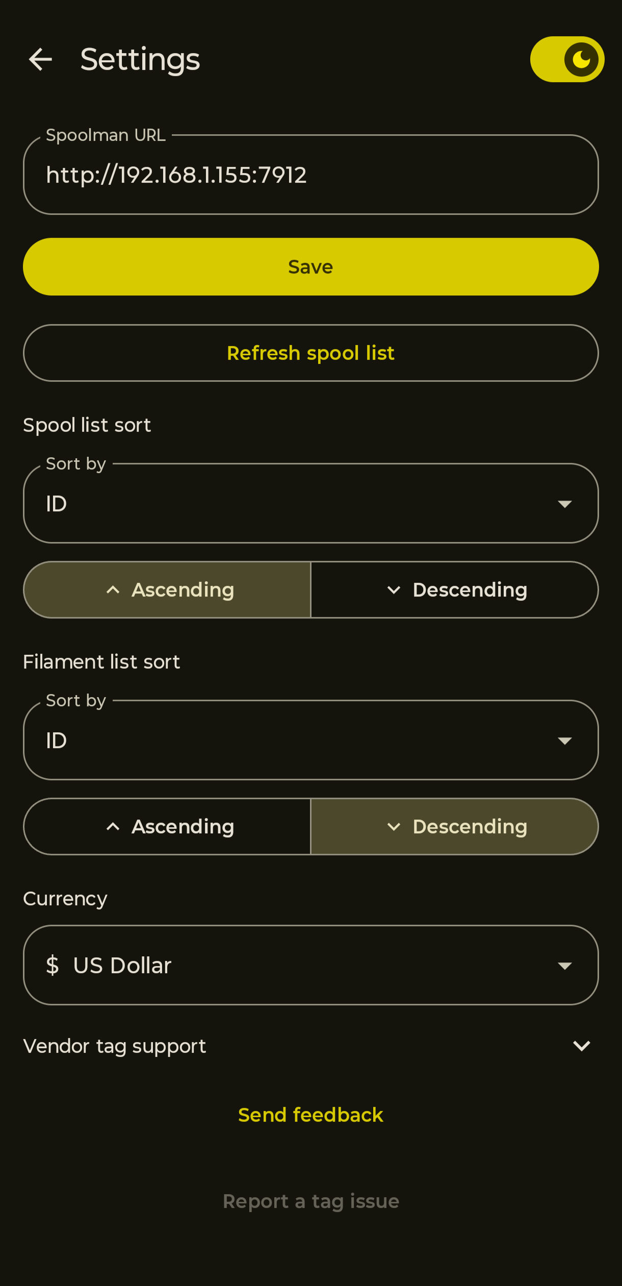 SpoolPainter Settings, Spoolman URL