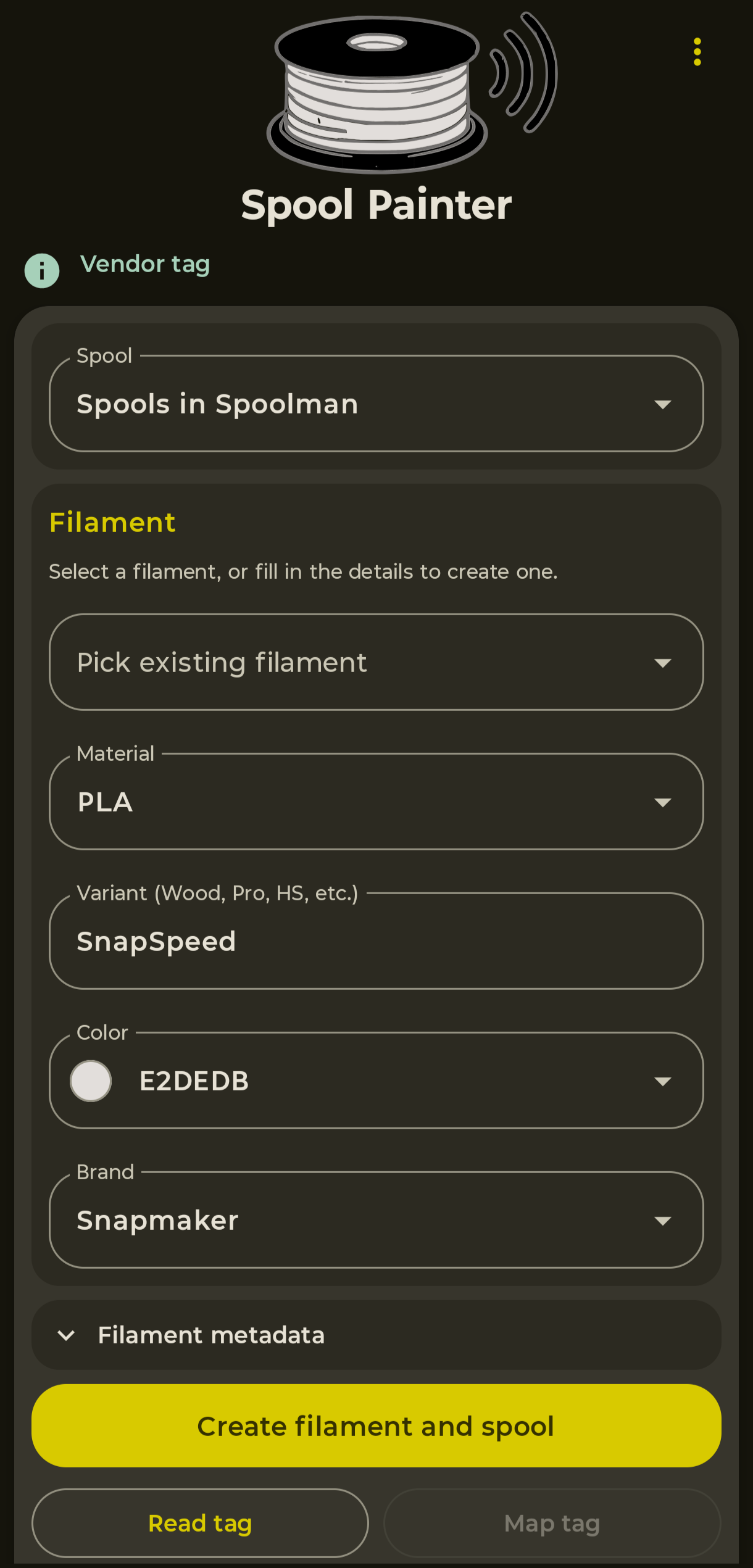 A vendor tag read into the form